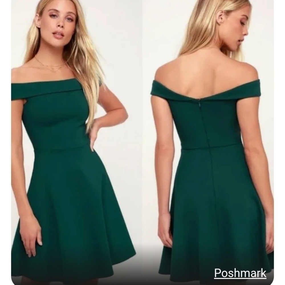 NWT Lulus Season of Fun Forest Green Off-the-Shoulder Skater Dress X-Small